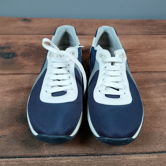 Prada Men's Navy White Mesh Leather Lace Up Shoes Made in Italy 4E3075 size 10